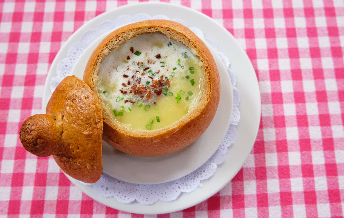 Potato & leek soup with crispy diced bacon served in a bread bowl