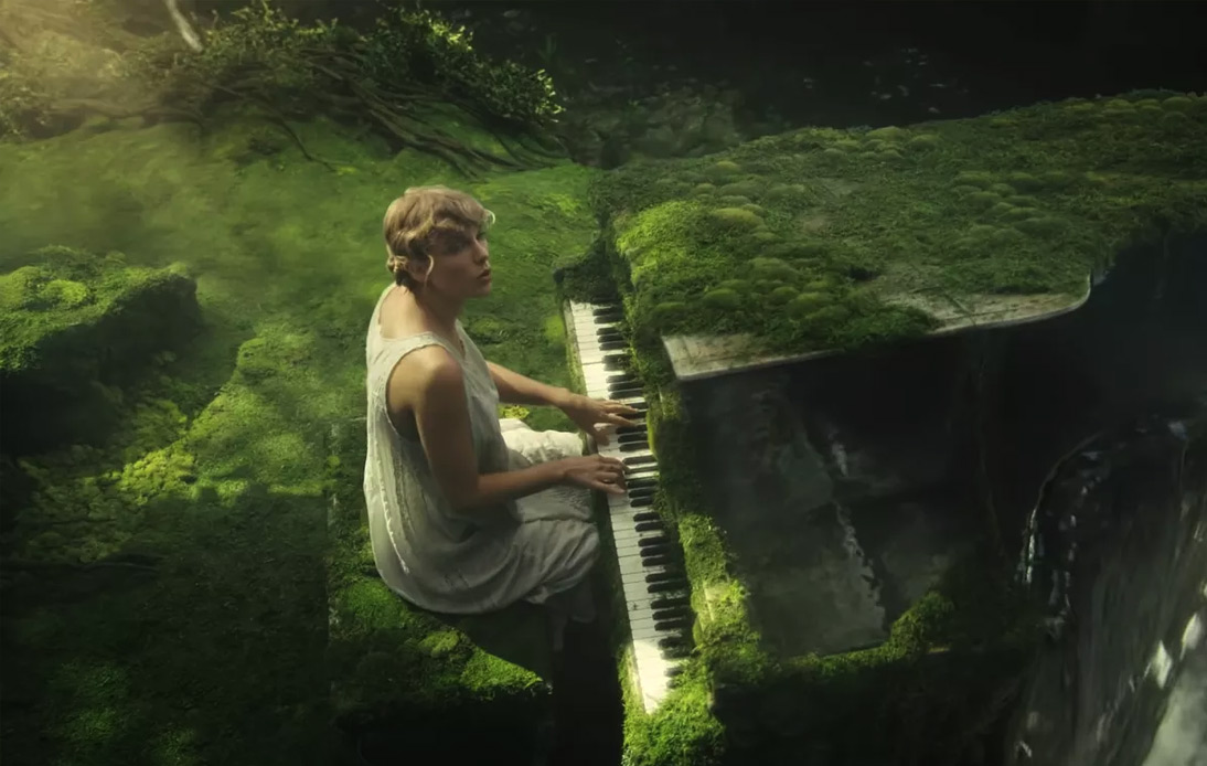 Taylor Swift playing piano in Folklore Music Video